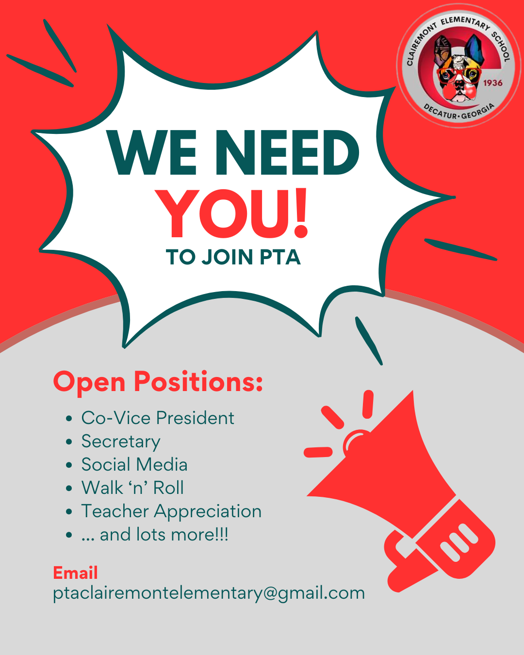  Megaphone with text We Need You! List of open PTA positions